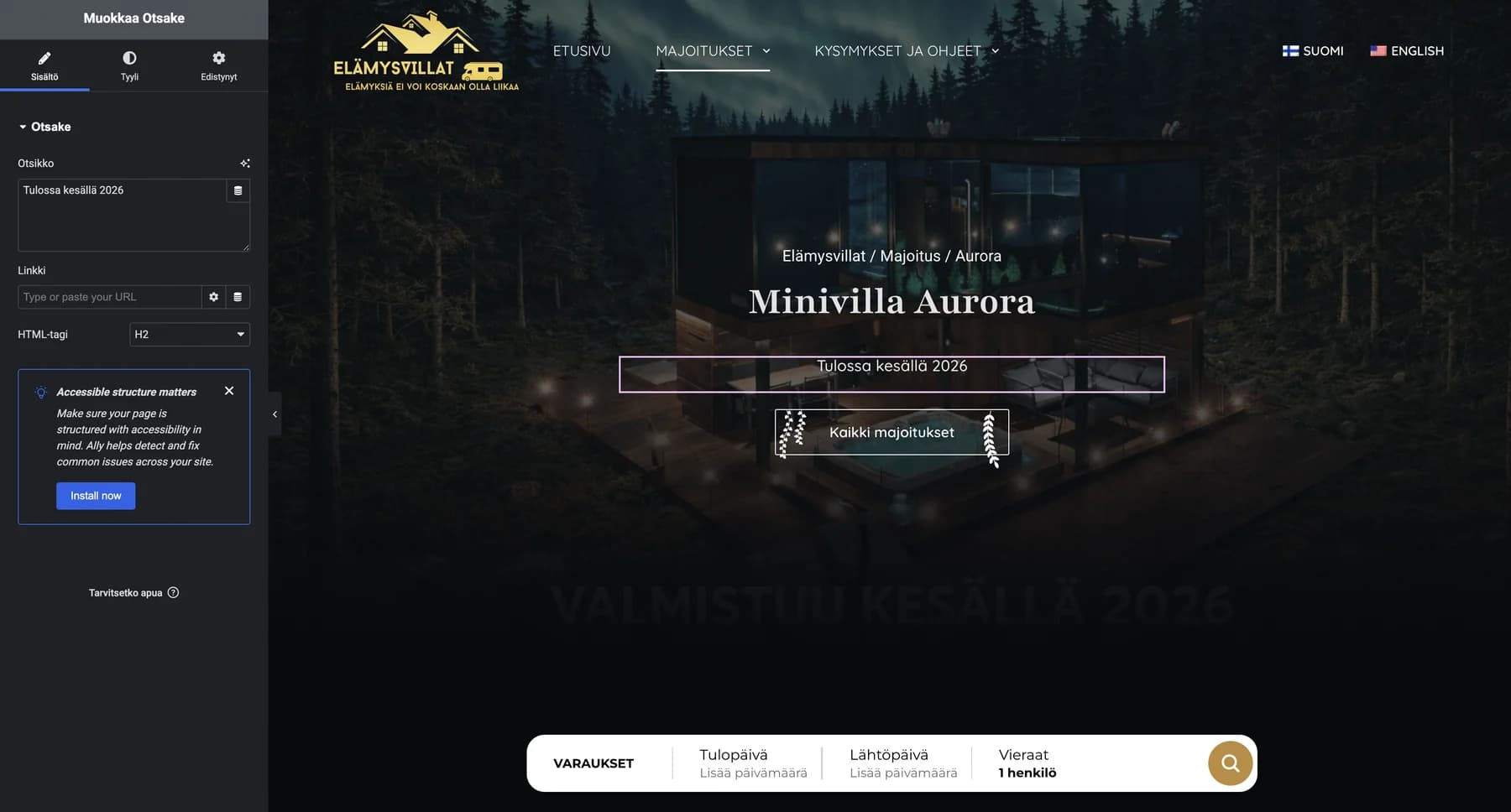 Elementor-editori suomeksi: otsikkoa muokataan vasemmalla, sivun ulkoasu päivittyy oikealla